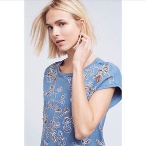 Akemi + Kin blue cotton top with white floral embroidery and gold sequins, Sz S